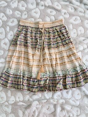 RAGA Cream Tiered Skirt with Multicolor Plaid Trim Sz S NWT E11